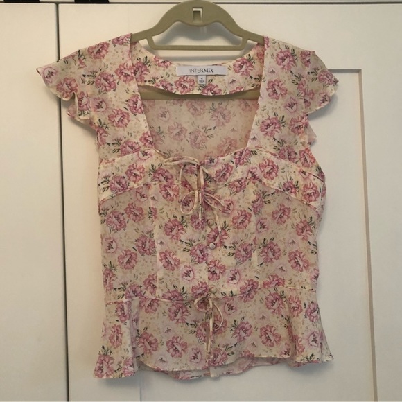 Intermix Iris Silk Tie Front Floral Top - Picture 2 of 6